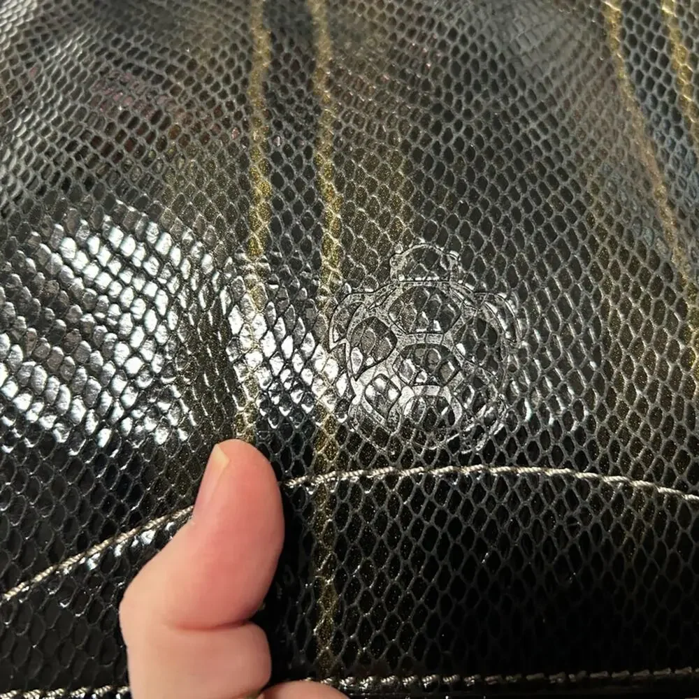 Tortuga Black Leather Snakeskin Embossed Crossbody Bag Gold Ring Accent Turtle
